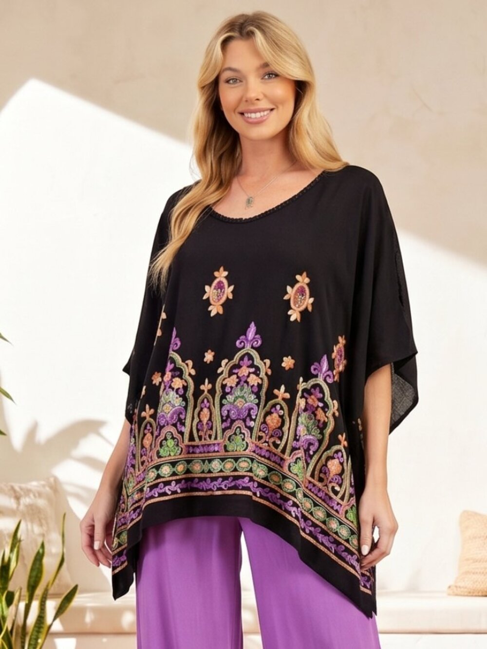 E39 Easel Embroidered Rayon Challis Poncho Tunic